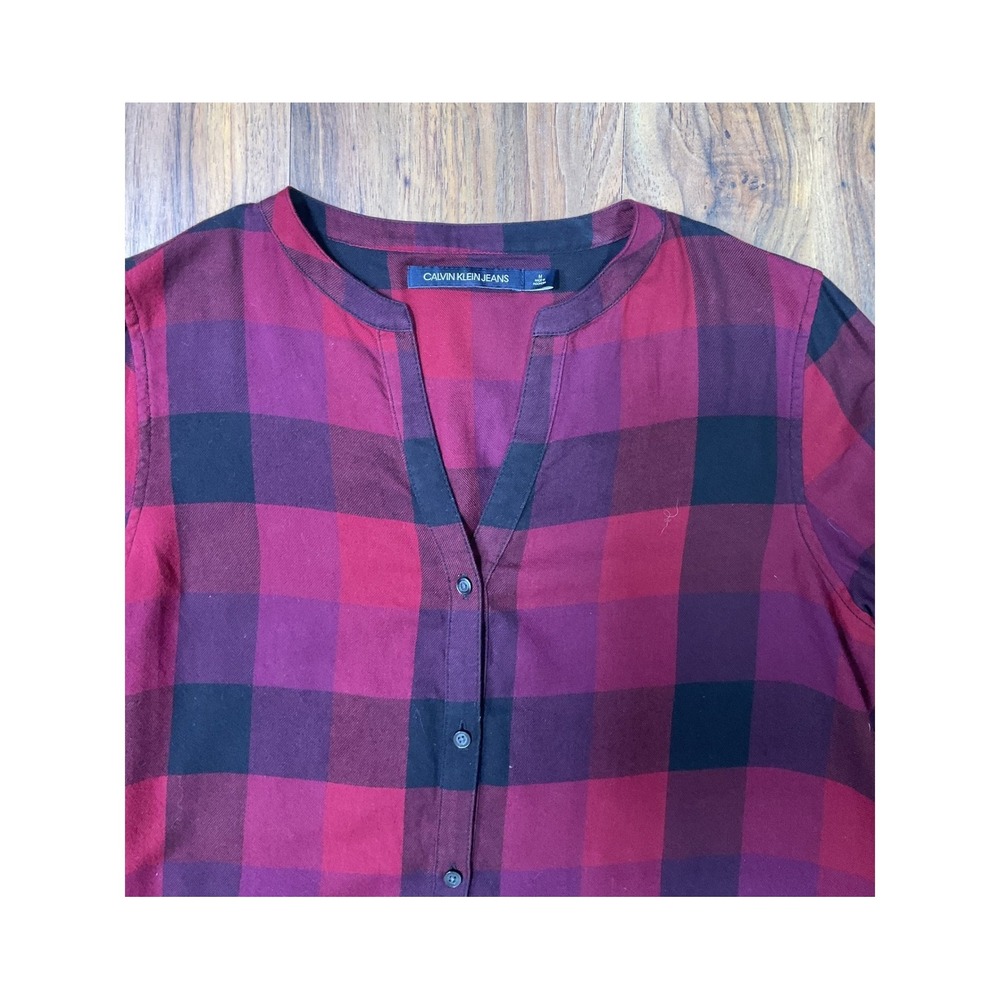 Calvin Klein Jeans Plaid Button Down Shirt M Red Black Buffalo Check Roll Tab - Picture 6 of 7
